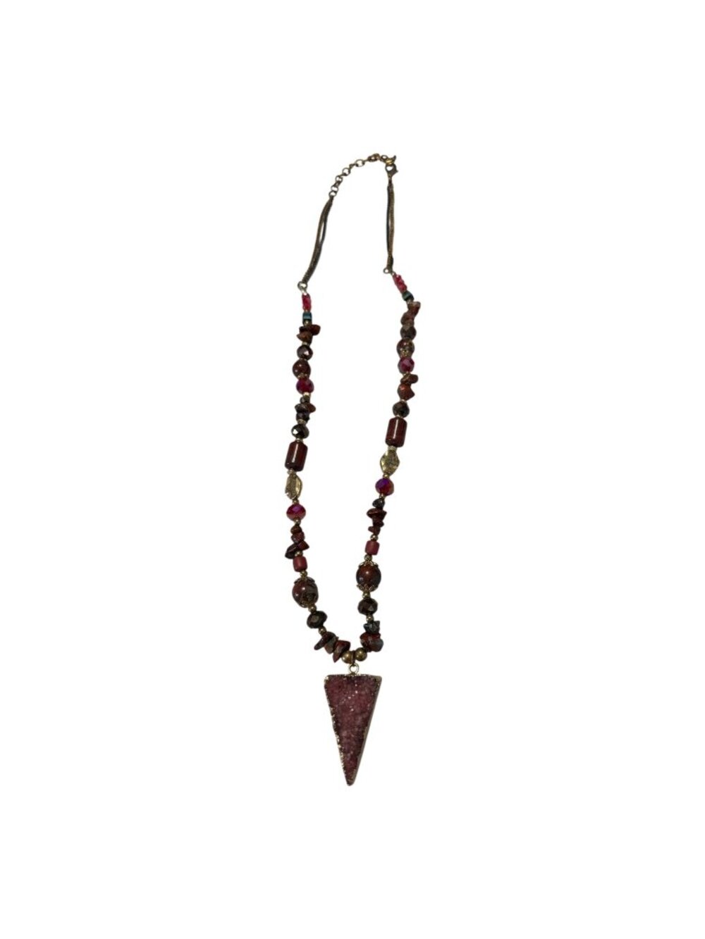 Druzy Triangle Pendant Mixed Stone Beaded Necklace Red Brown Gold Tone 26 Inch